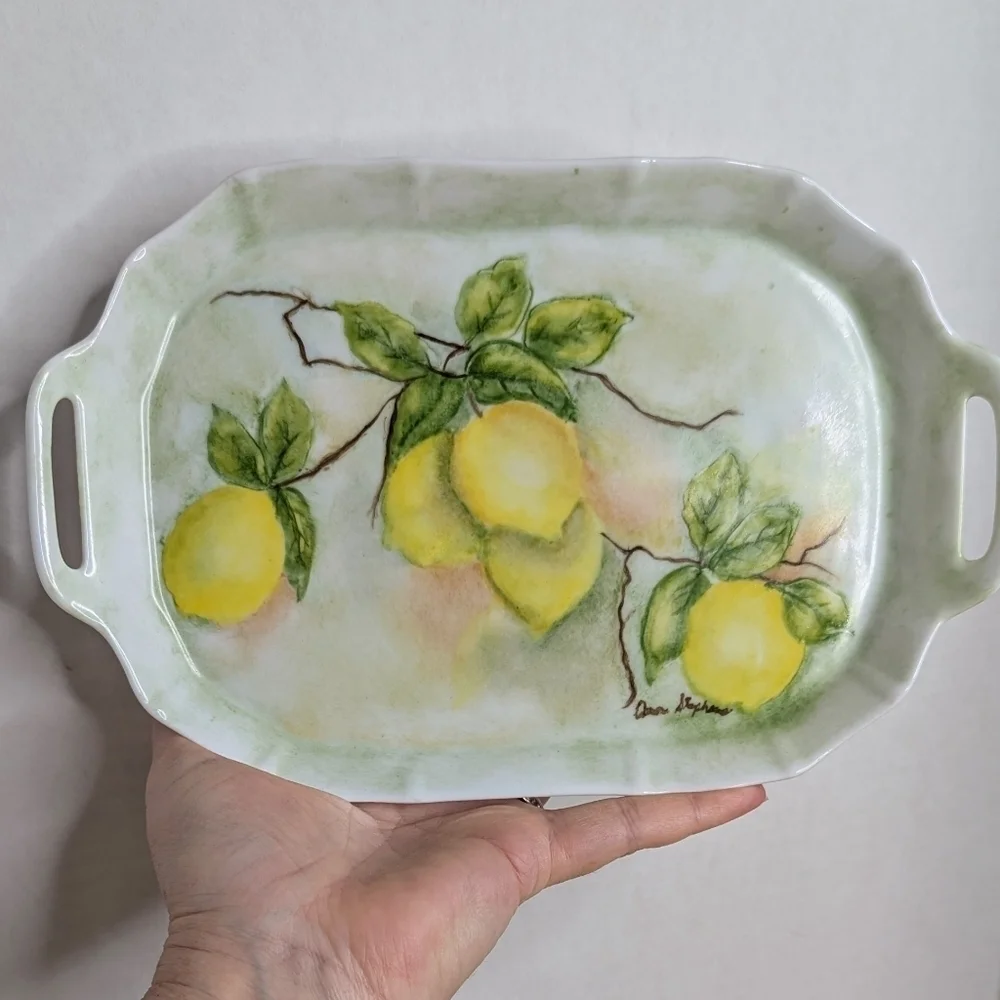 Vintage Hand Painted Small Lemon White Signed Porcelain Handled Trinket Tray